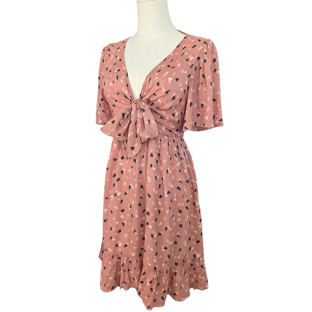 LUSH Blush Multi Spot V-Neck Front Tie Dress